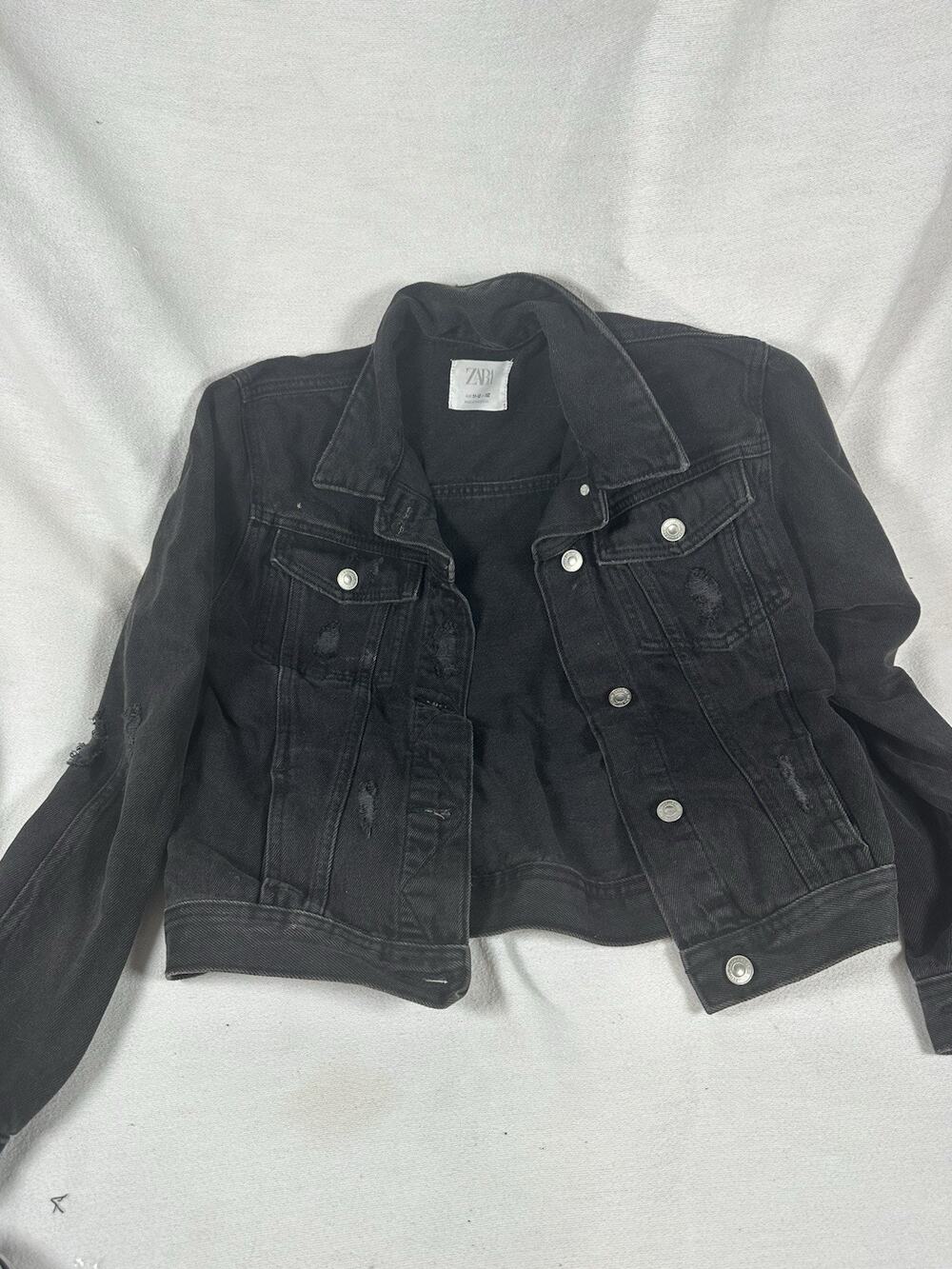 ZARA Girls Black Denim Button-Front Jacket Long Sleeve Short Size 11-12 152
